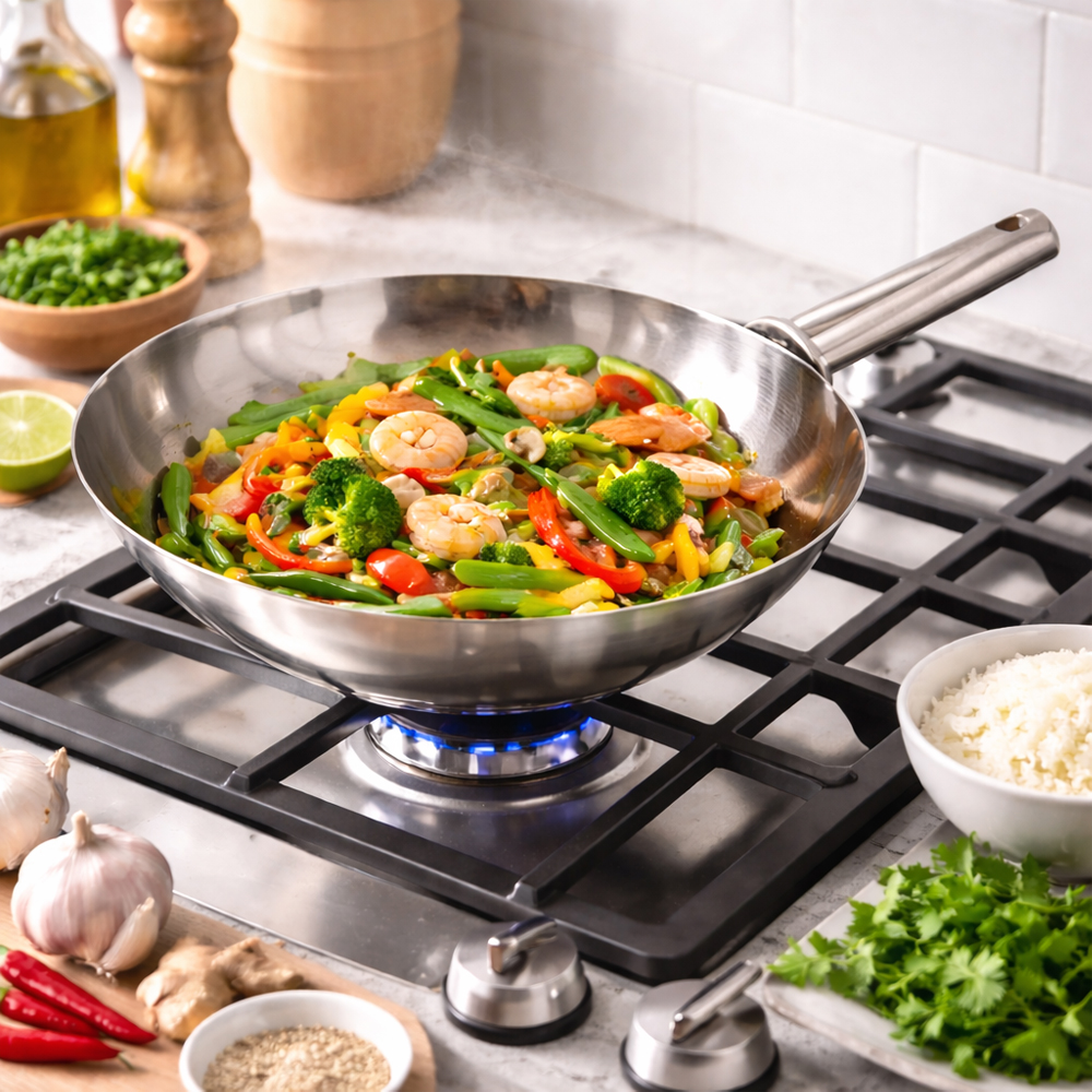 Winco Stainless Steel Chinese Wok, 14" Welded image 1