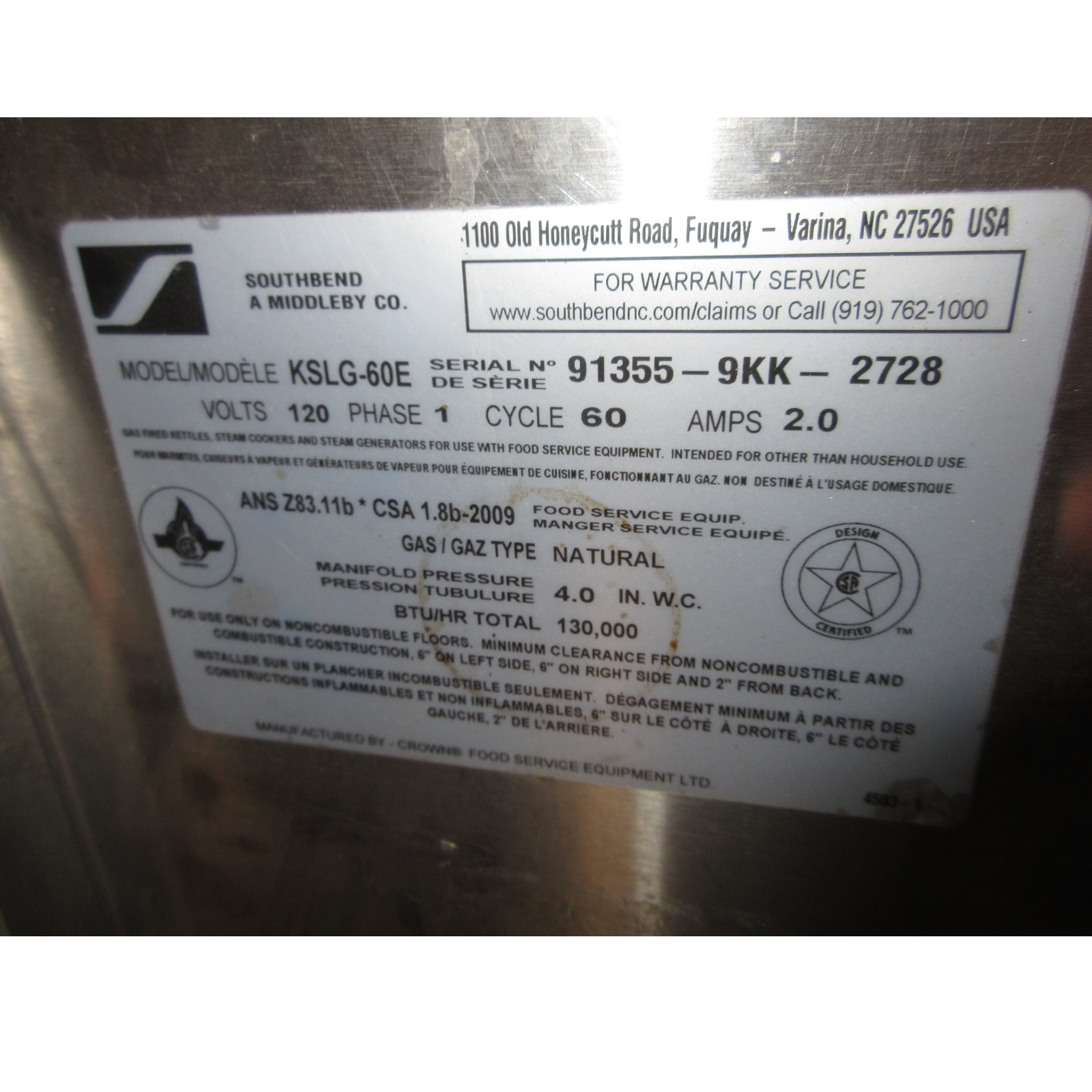 Southbend KSLG-60 Steam Jacketed Gas 60 Gallon Kettle, Used Excellent Condition image 5