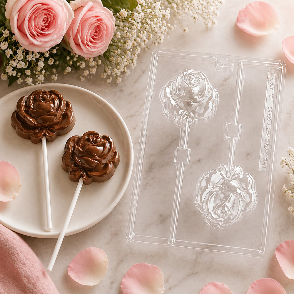 Plastic Chocolate Mold, Rose Lollipop, 2 Cavities image 1