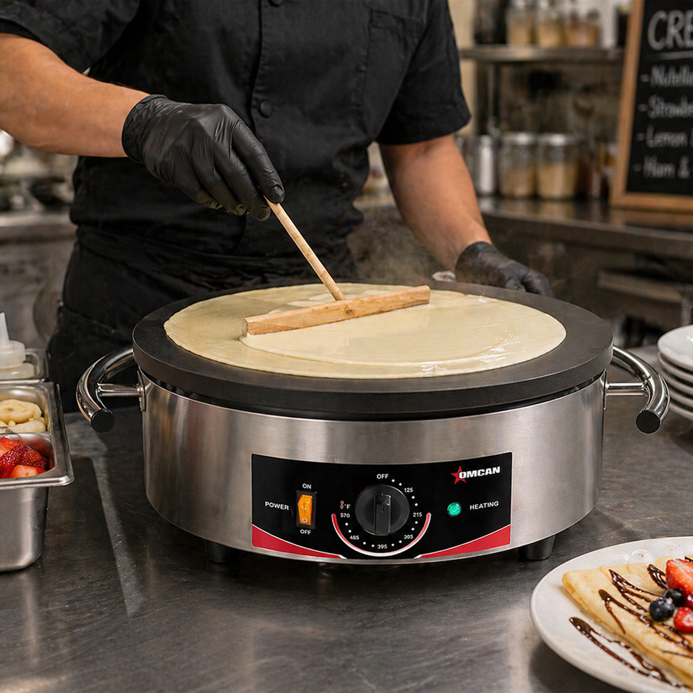 Omcan 16" Portable Round Electric Cast Iron Crepe Maker, 120V image 1