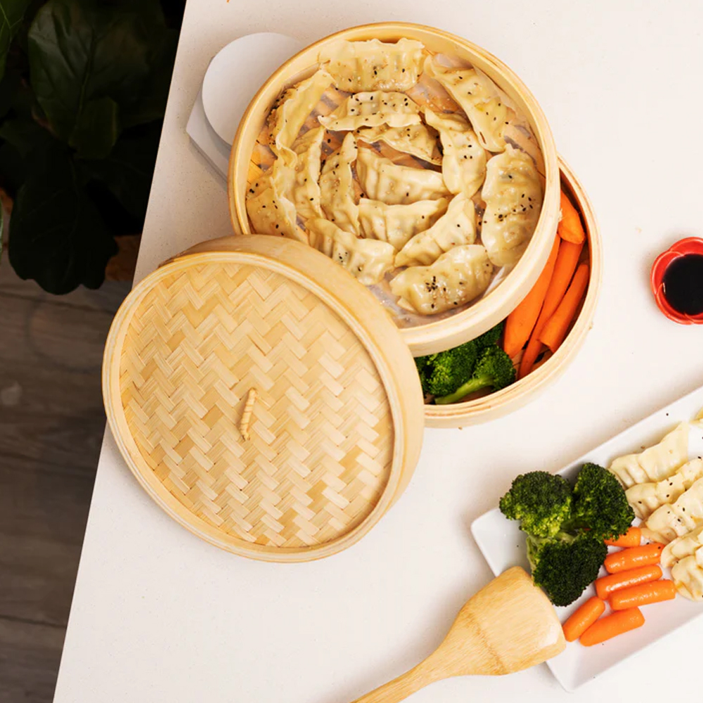 Winco Joyce Chen 2 Tier Bamboo Steamer Baskets, 12" image 2
