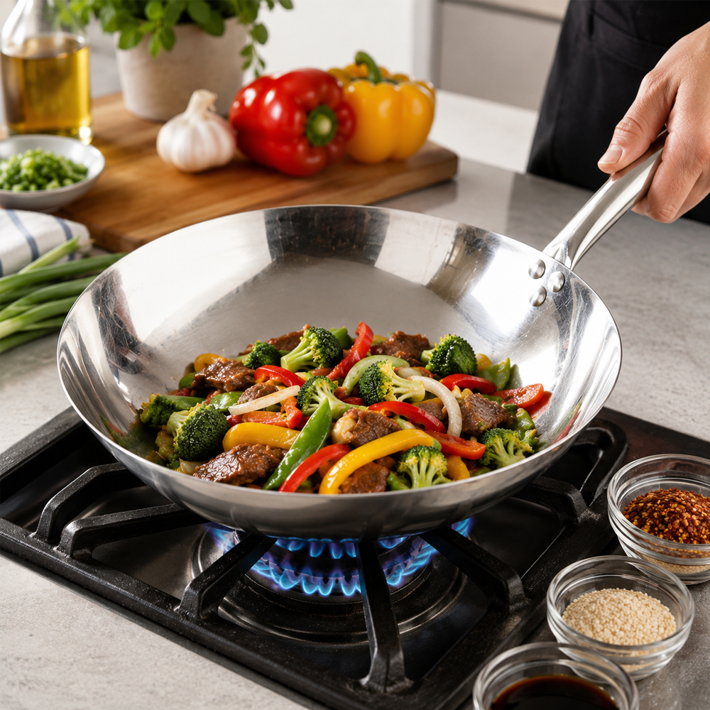 Winco Stainless Steel Nailed Chinese Wok, 14" Diameter image 1