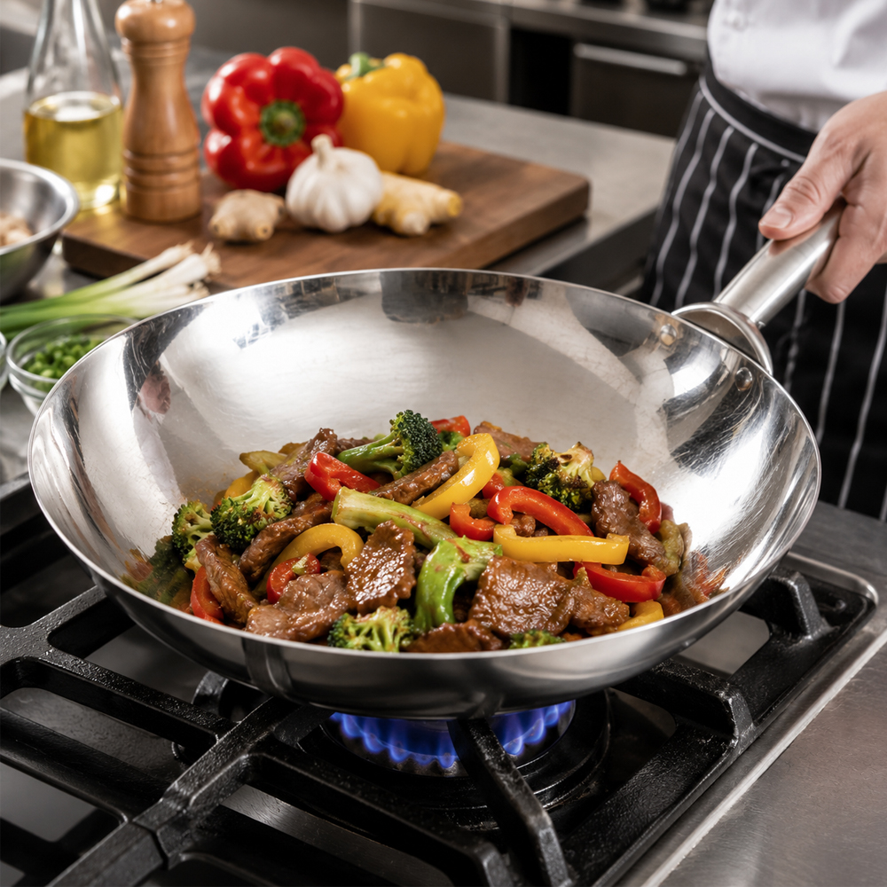 Winco Stainless Steel Chinese Wok, 16" Welded image 1