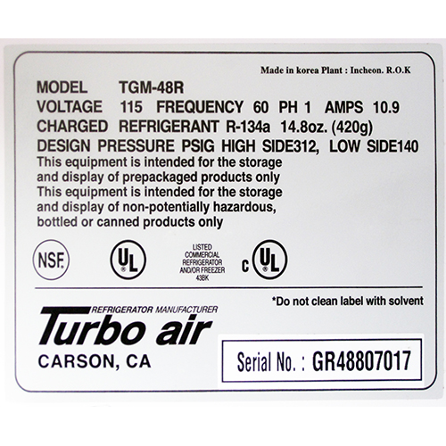 Turbo Air Refrgirated Merchandiser 48 cu. ft. Model TGM-48R image 5