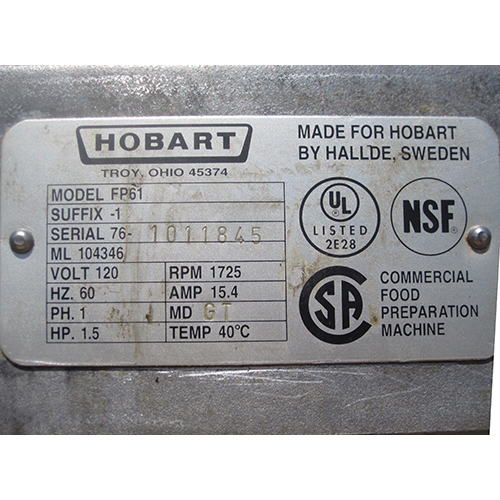 Hobart Food Processor 6 Qt Bowl model FP61
