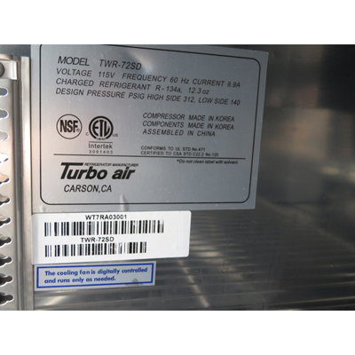 Turbo Air TWR-72SD 72" Worktop Refrigerator, Used Great Condition image 4