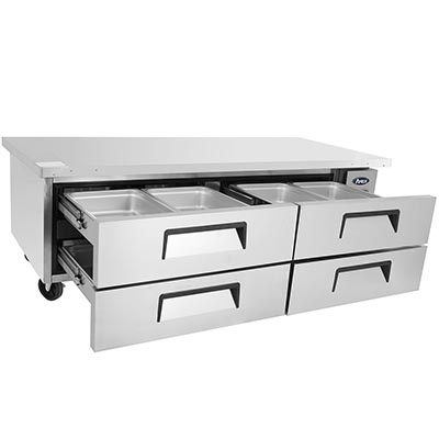 Atosa MGF8453GR Two Section Side Mount Refrigerated Chef Base 72-7/16"W X 32-1/16"D X 26-19/32"H w/4 Drawers and Extended Top image 1