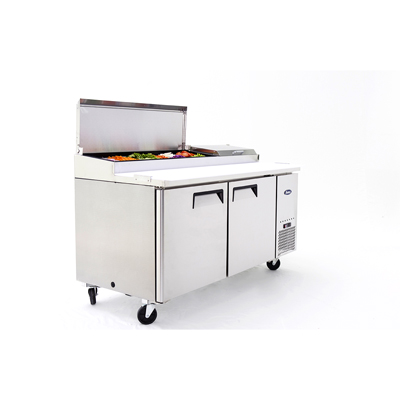 Atosa MPF8202GR Two Section Side Mount Refrigerated Pizza Prep Table 67"W x 33.1"D x 44"H with 2 Self-Closing Solid Doors image 1