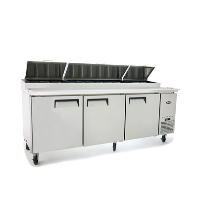 Atosa MPF8203GR Three Section Side Mount Refrigerated Pizza Prep Table 93"W x 33.1"D x 44"H with 3 Self-Closing Solid Doors image 1