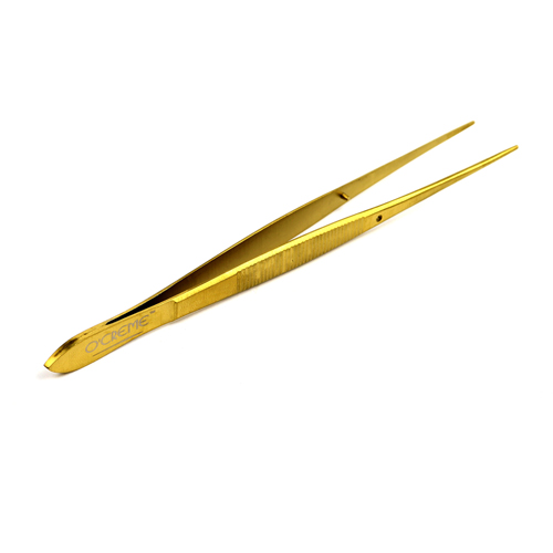 O'Creme Stainless Steel Gold Straight Fine Tip Tweezers, 6.25"  image 1