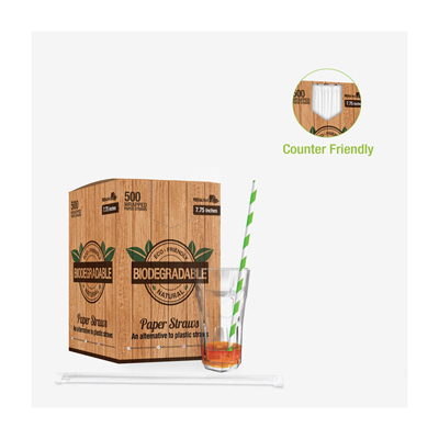 Packnwood Durable Wrapped Green Striped Paper Straws, .2" Dia. x  8.3", Case of 3000 image 2
