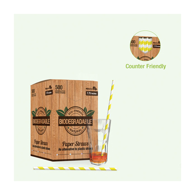 Packnwood Durable Unwrapped Yellow & White Striped Paper Straws, .2" Dia. x 7.75", Case of 3000 image 2