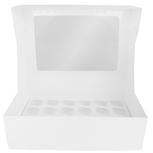 O'Creme White Cupcake Box with Window, Insert Included, 14" x 10" x 4" - Pack of 5 image 1