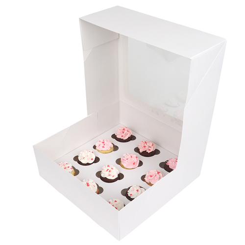 O'Creme White Window Cake Box with Cupcake Insert, 10" x 10" x 4" - Pack of 5 image 4