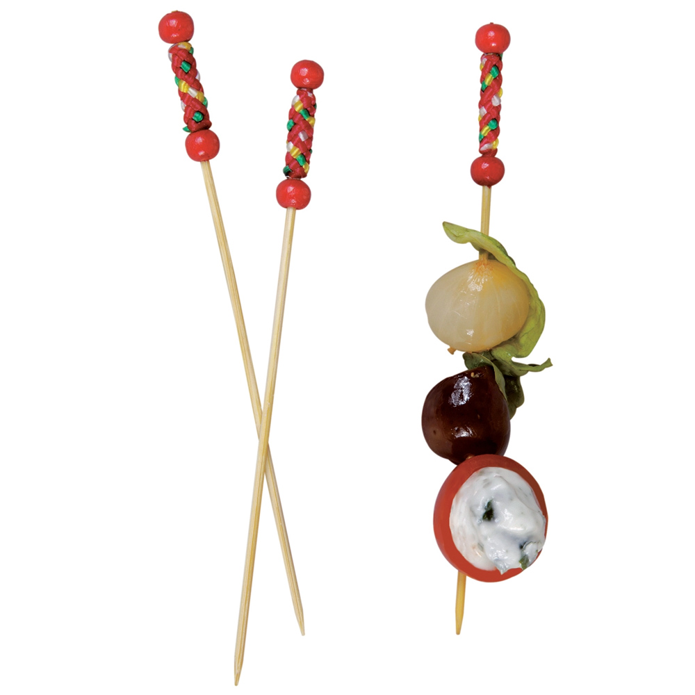 Packnwood "FUJI" Bamboo Pick with Natural Beads and Red Design, 4.75" - Case of 2000 image 1