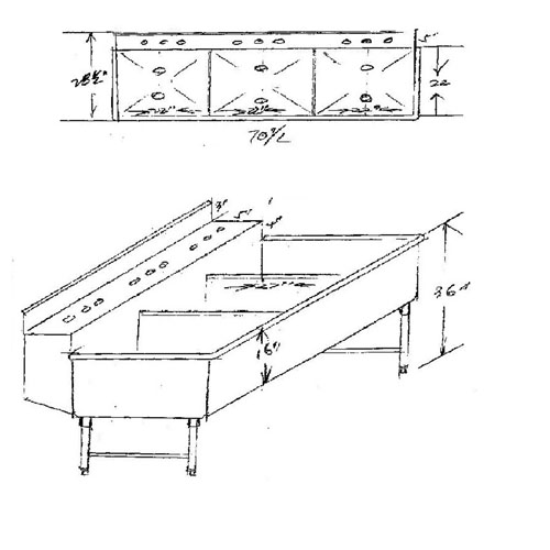 Custom Stainless 3 Compartment Sink, 70" Wide, 22" X 22" X 16"D Per Comp. image 1