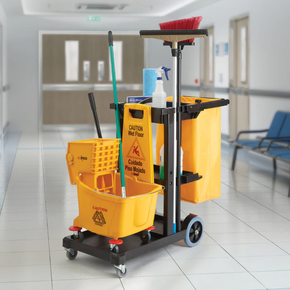 Winco Janitorial Cart with 3 Shelves and Removable Bag image 3