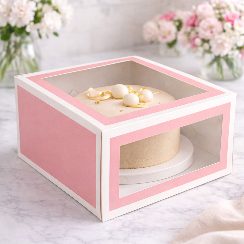 O'Creme Pink Square Cake Box with Top & Front Window, 10" x 10" x 7" - Pack of 10 image 1