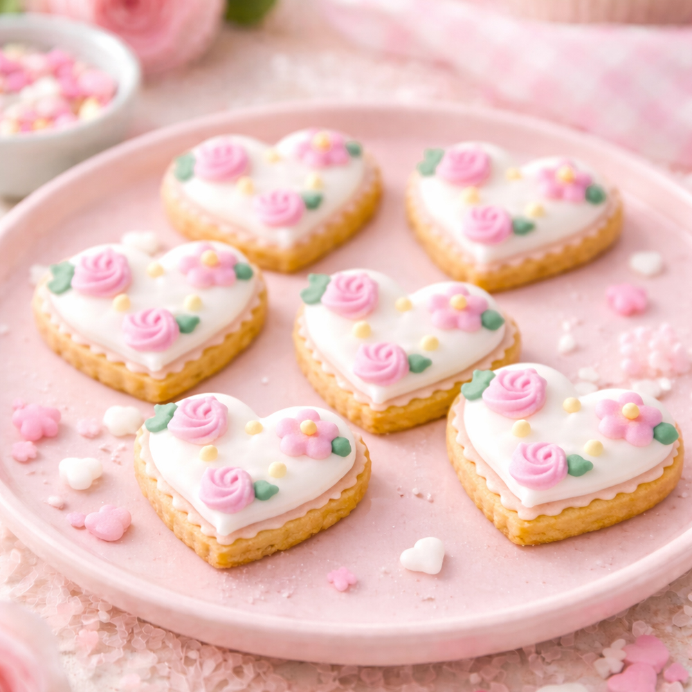 O'Creme White Heart with Pink Flowers Royal Icing Decoration, Set of 12 image 1