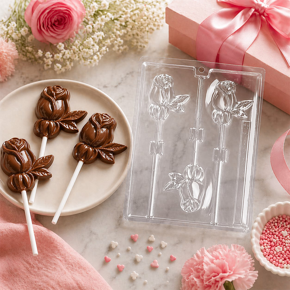 Plastic Chocolate Mold, Long Stem Rose Lollipop, 3 Cavities image 1