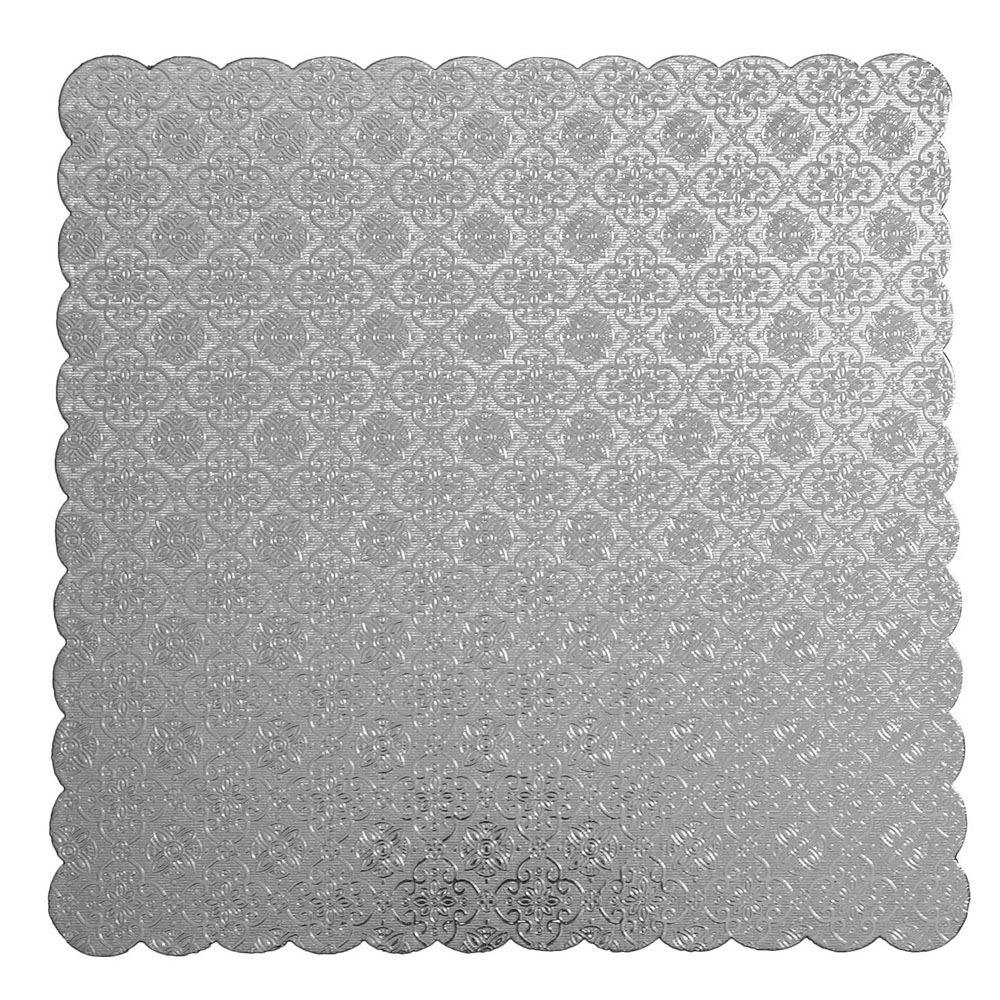Silver Scalloped Square Cake Board, 10" x 3/32" Thick, Pack of 5