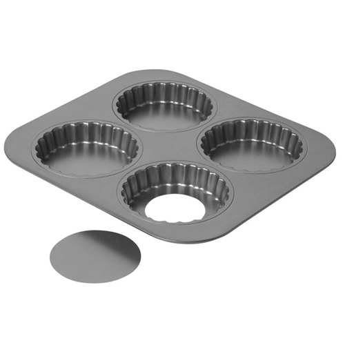 Focus Foodservice 4 Cup Fluted Mini Tartlet Pan Loose Removable Bottom, each 3.5" x .9"