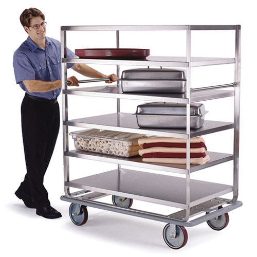 Lakeside LA566 Stainless Steel Tough Transport Banquet Cart 5 Shelf 28 x 62 - 3 Edges Up, 1 Down