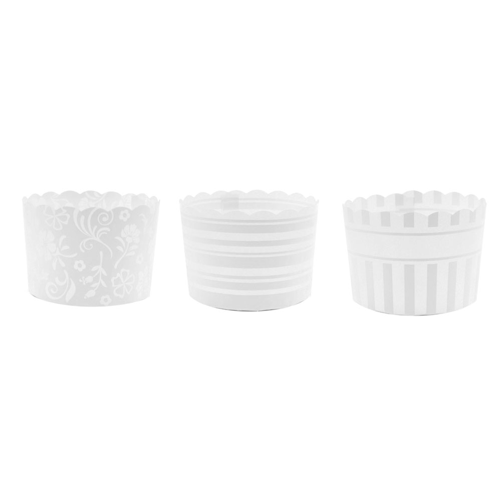 Alcas White Plastic Baking Cup, 2.4" Diameter x 1.85" High, 130ml - 3 Designs, 100 Each