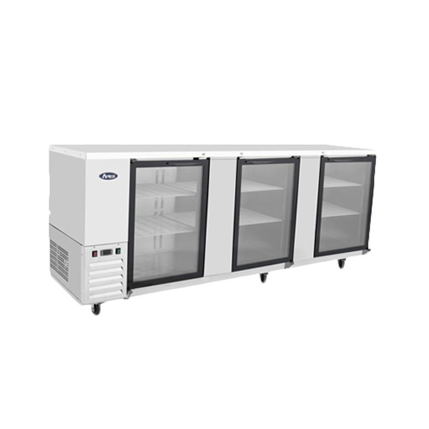 Atosa MBB90G-GR Three Section Back Bar Cooler 89.3"W x 28.1"D x 42.2"H w/3 Locking Glass Doors