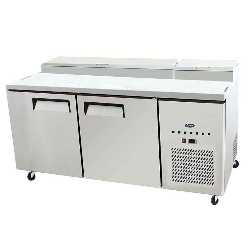 Atosa MPF8202GR Two Section Side Mount Refrigerated Pizza Prep Table 67"W x 33.1"D x 44"H with 2 Self-Closing Solid Doors