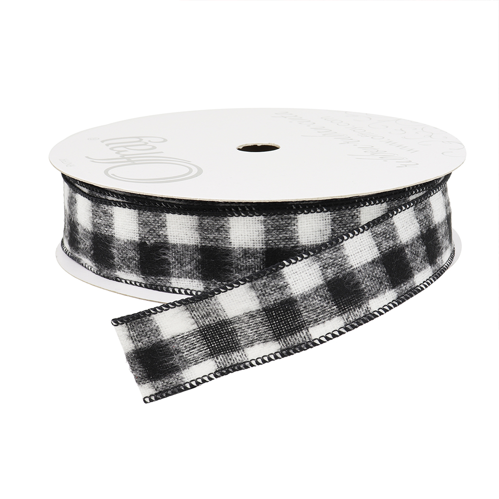 Buffalo Plaid Black & White Wired Ribbon, 1-1/2" Wide, 25 Yards