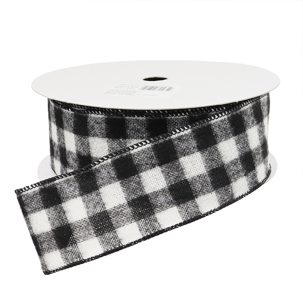 Buffalo Plaid Black & White Wired Ribbon, 2-1/2" Wide, 25 Yards