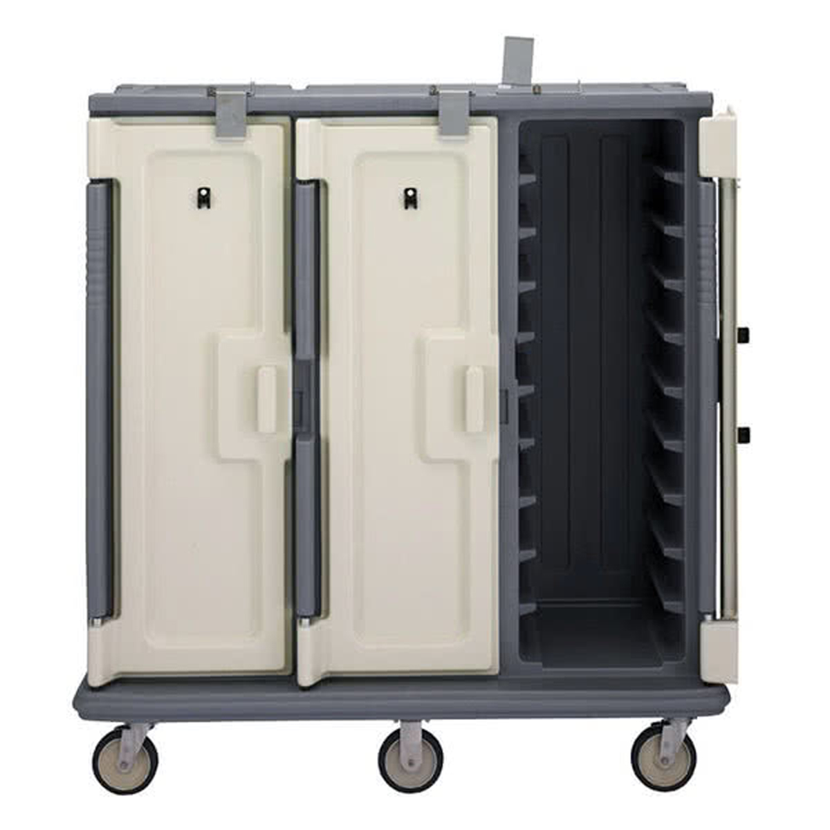 Cambro MDC1418T30191 Meal-Delivery Cart for Tray Service, 3 Compartments for 14'' x 18'' Trays, Tall - Granite Gray w/Cream Door