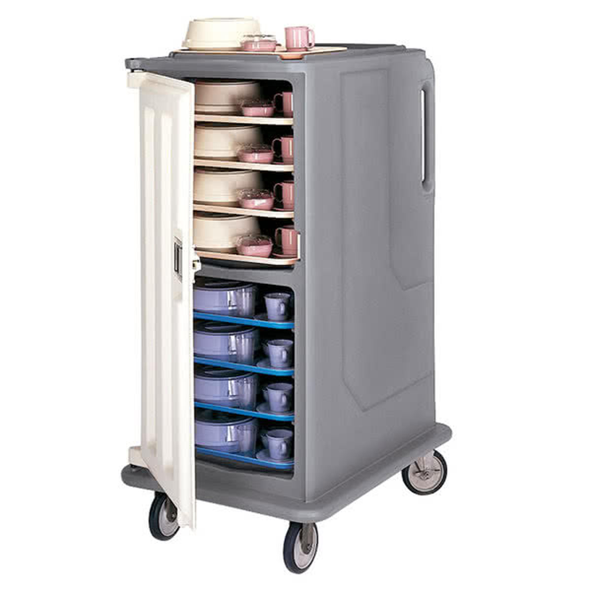Cambro MDC1520T16191 Meal-Delivery Cart for Tray Service - 2 Compartments for 15'' x 20'' Trays - Tall - Granite Gray w/Cream Doors