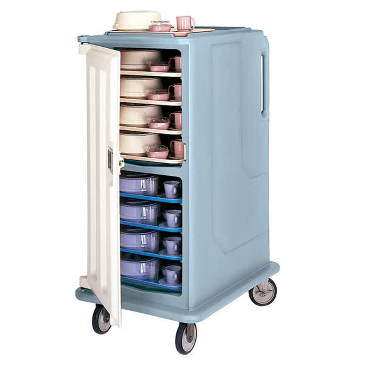 Cambro MDC1520T16401 Meal-Delivery Cart for Tray Service - 2 Compartments for 15'' x 20'' Trays - Tall - Slate Blue w/Cream Doors
