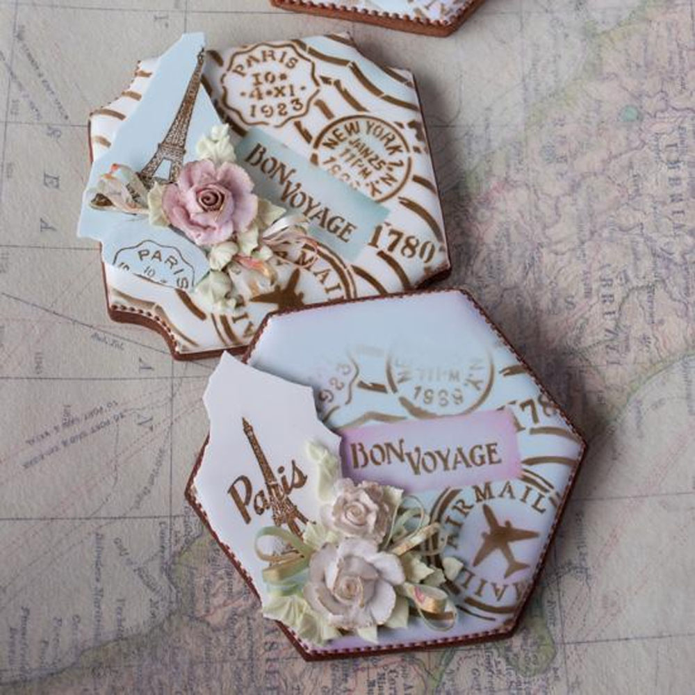 Confection Couture Prettier Plaques Vintage Bon Voyage Cookie Stencil Set, 5 Pc