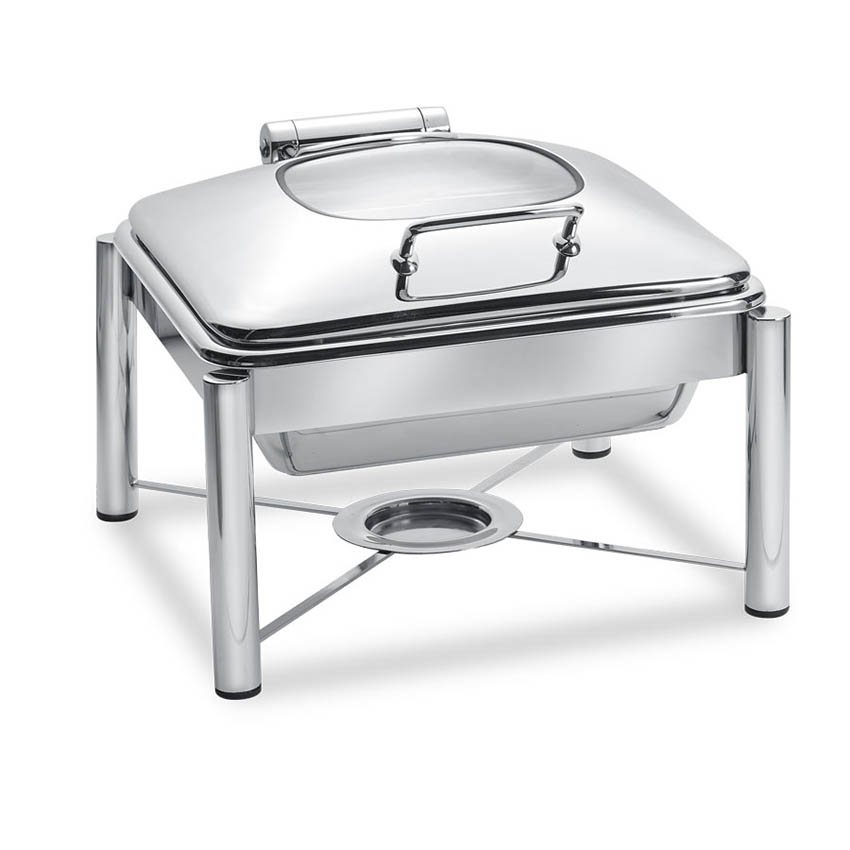 Eastern Tabletop 3954GS 6 Qt. Square S/S Induction Chafer w/Hinged Glass Dome Cover and Stand