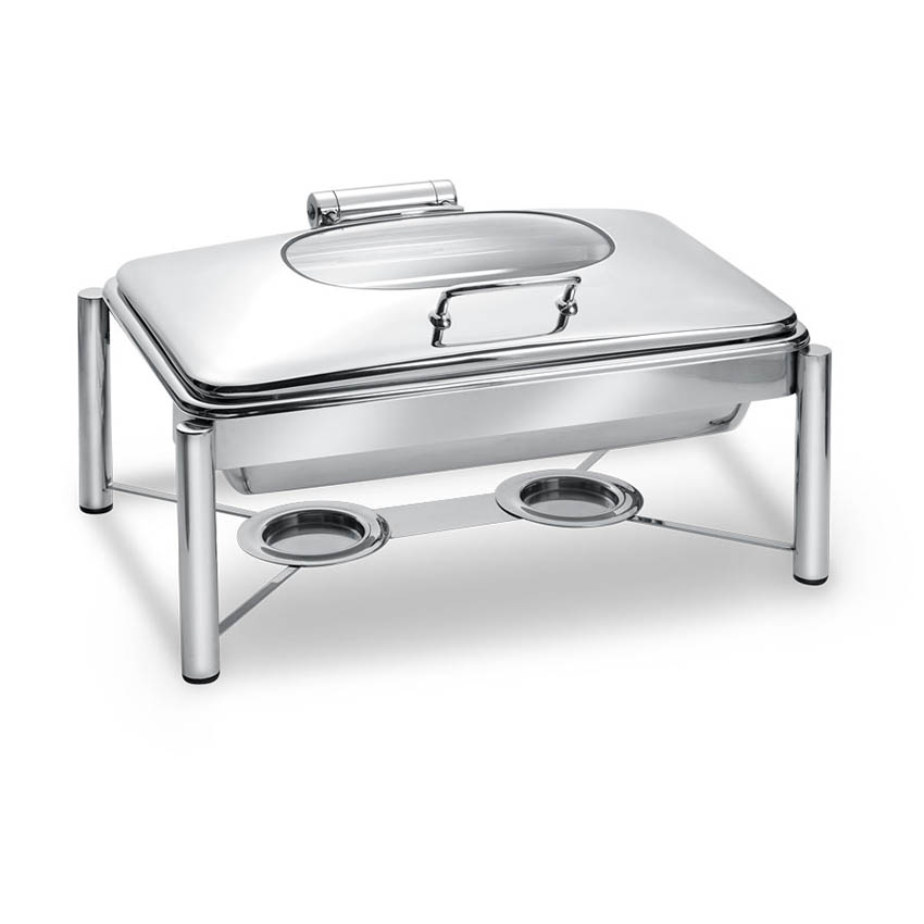 Eastern Tabletop 3955GS 8 Qt. S/S Rectangular Induction Chafer w/Glass and Stainless Hinged Cover and Stand