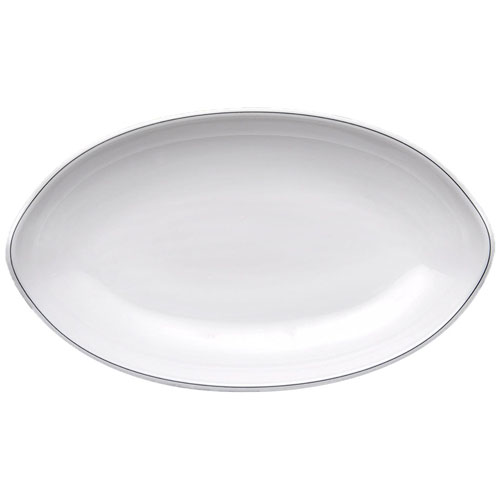 Elite Global Solutions PDS25L Viva 9 1/2" x 5 5/8" White Boat Shape Oval Plate with Black Trim - Case of 6
