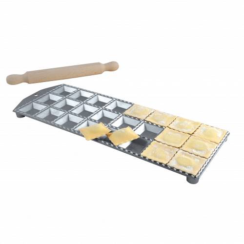 Eppicotispai 24-Hole Aluminum Square Ravioli Maker with Rolling Pin