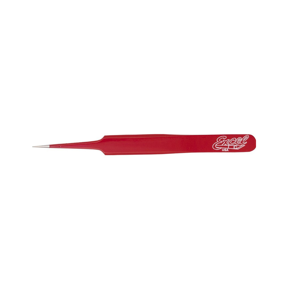 Excel Straight Fine-Point Tweezers, Red