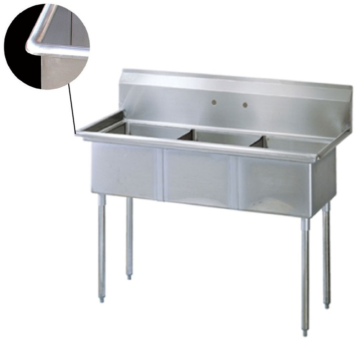 39" Square Corner 3 Compartment Utility Sink, 12" x 21" Bowl - All Around Edge