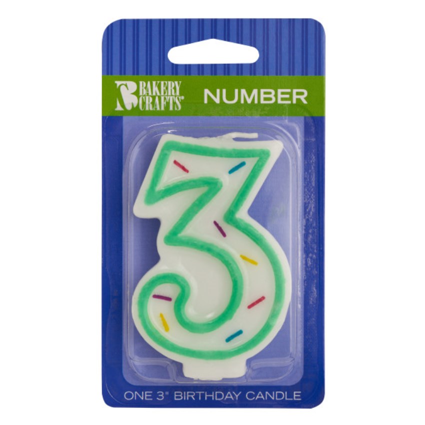 Green Sprinkle 'Number Three' Candle, 3" x 1.9" x 0.6"