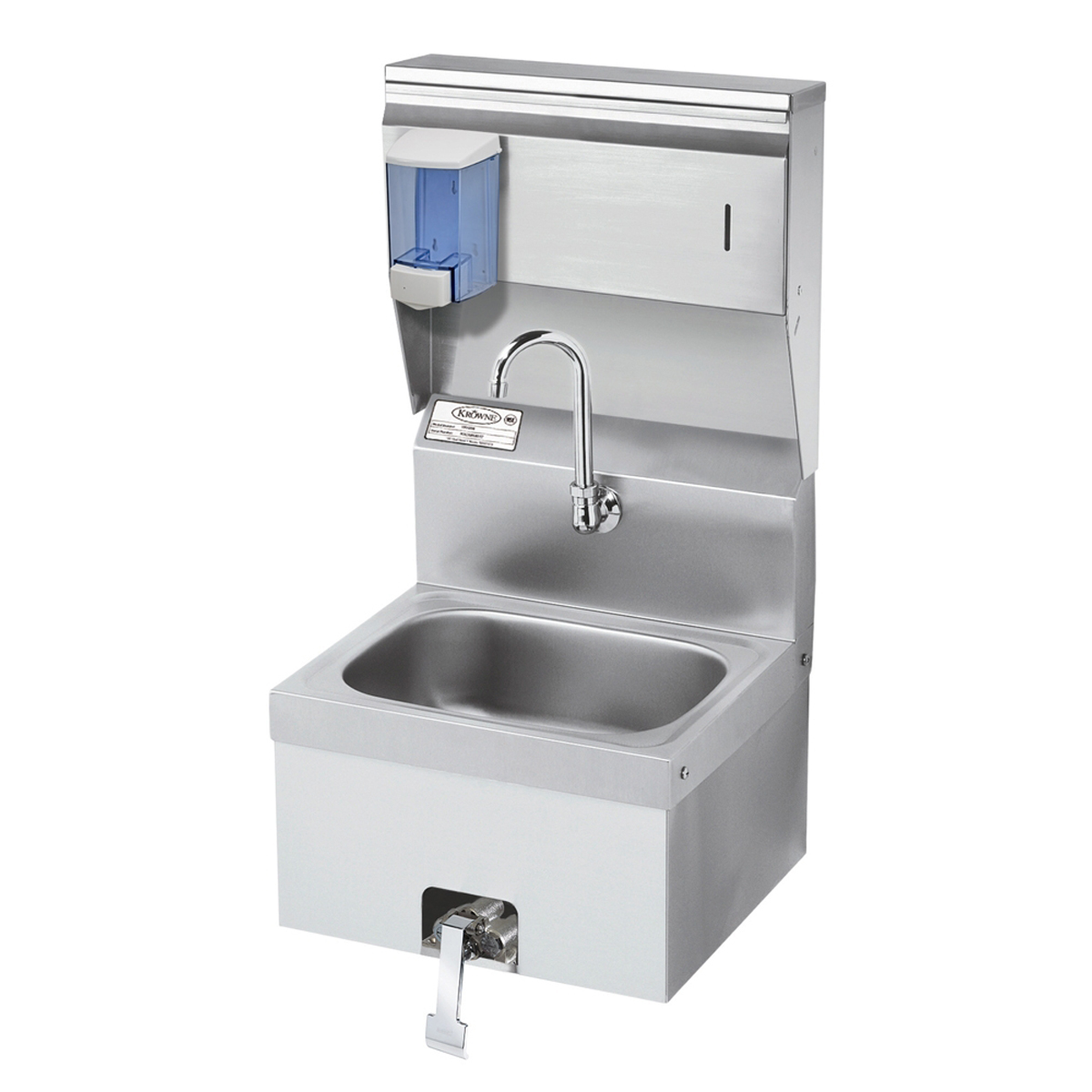 Krowne Metal 16" Wide Hand Sink with Knee Valve and Soap & Towel Dispenser, HS-16