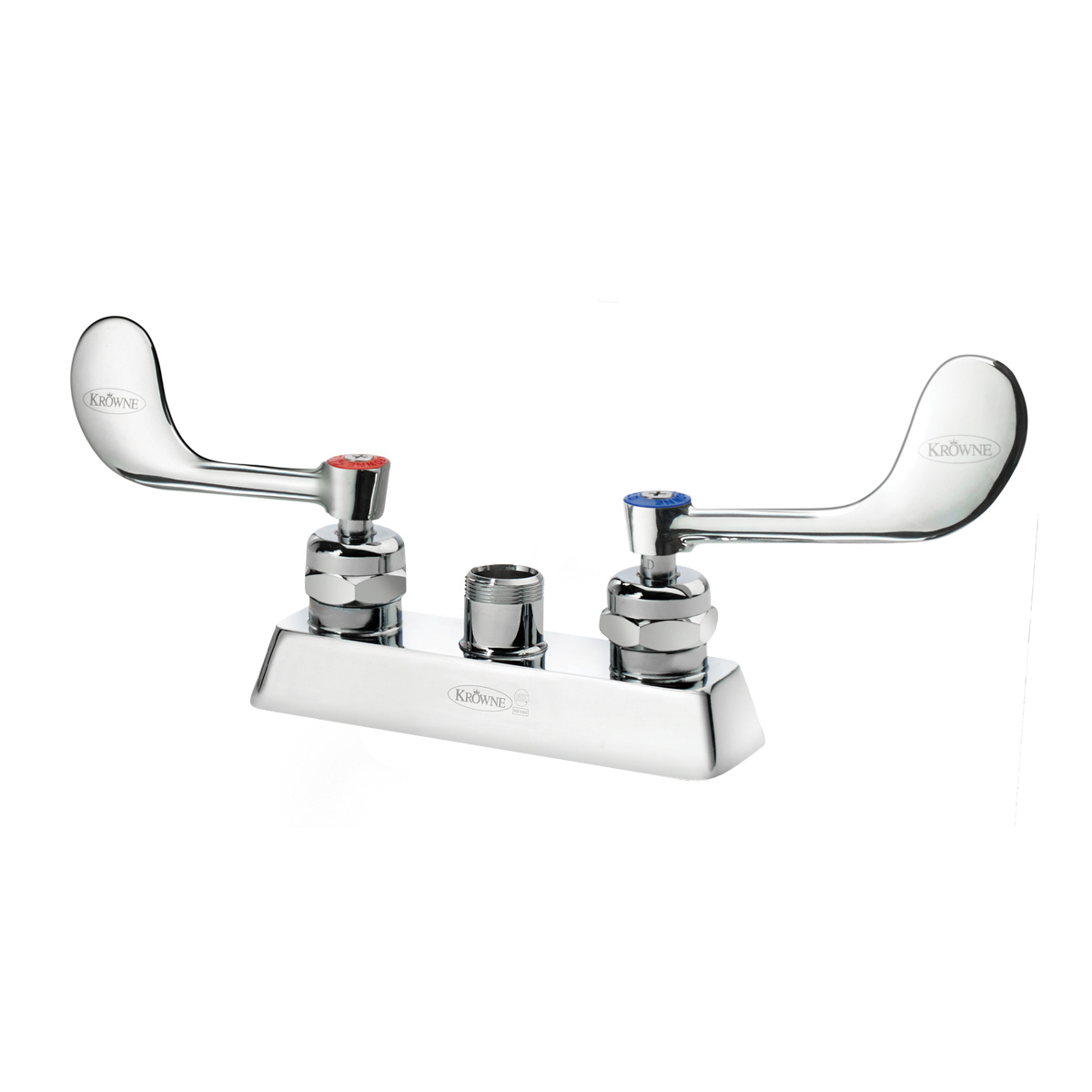 Krowne Metal Royal Series 4? Center Deck Mount Faucet Body only with Wrist Blade Handles, Vandal Resistant