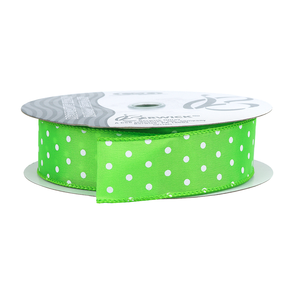Lime Green Wired Ribbon with White Dots, 1-1/2" Wide, 50 Yards