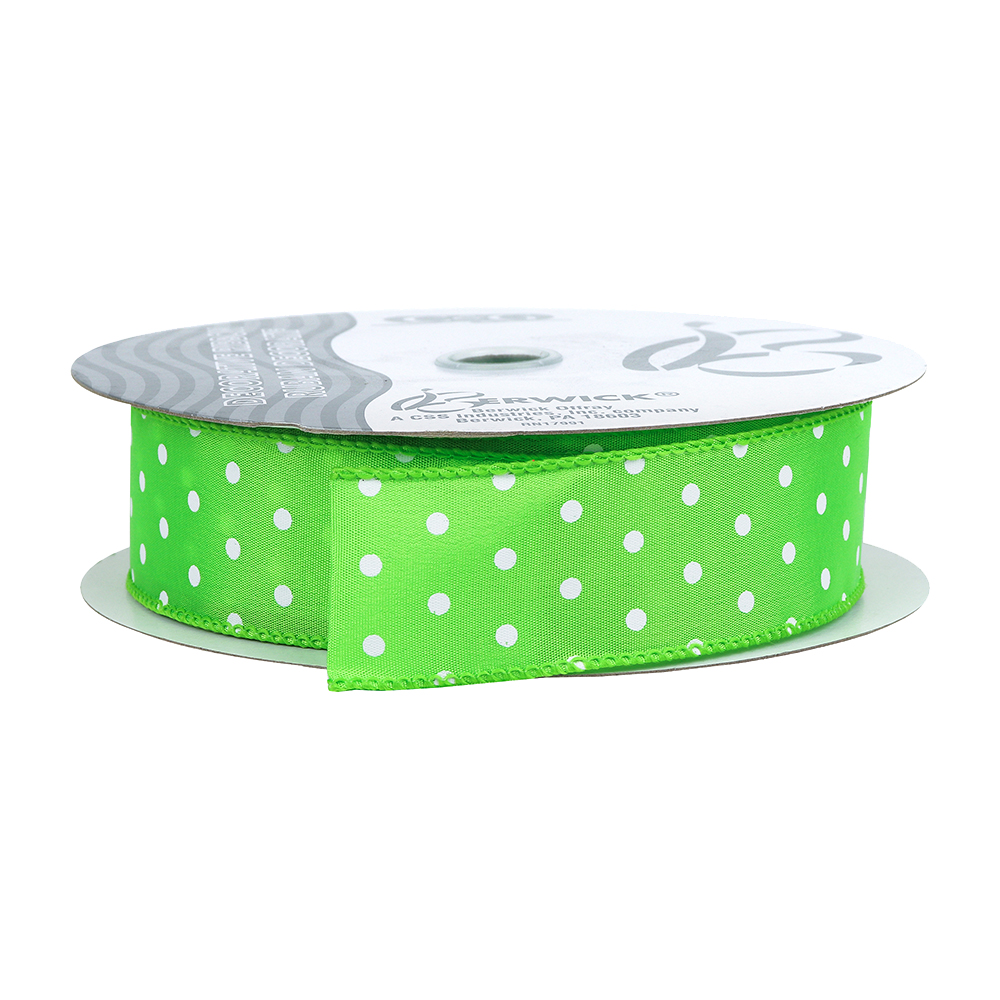 Lime Green Wired Ribbon with White Dots, 1-1/2" Wide, 50 Yards