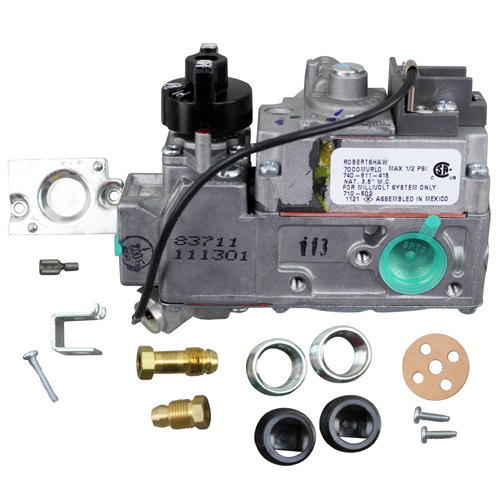 Low Profile Gas Valve; Natural Gas; 1/2" Gas In / Out; (2) 1/2" Gas Out (Side); 1/4" Pilot Out; Millivolt Actuator