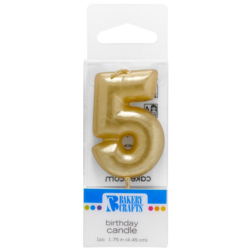 Mini Gold 'Number Five' Candle, 1.15" x 0.35" x 2.8"