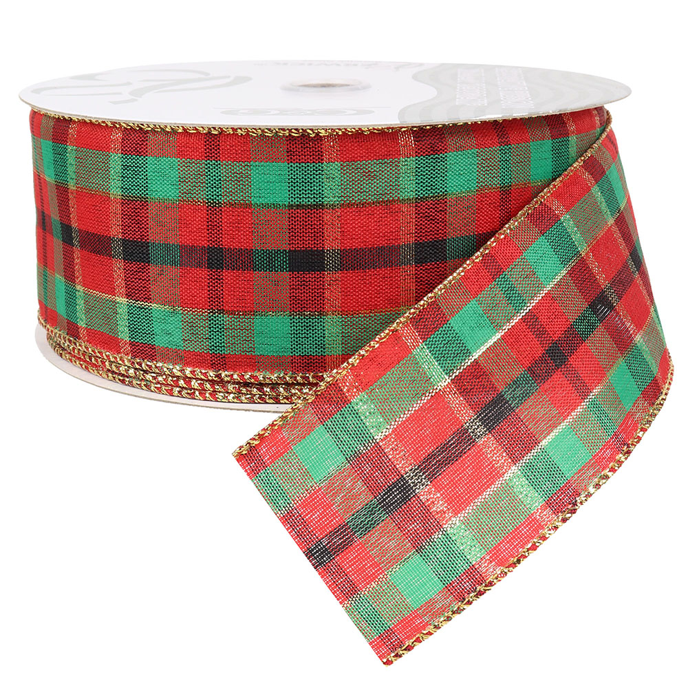 Modern Plaid Red & Green Wired Ribbon, 2-1/2